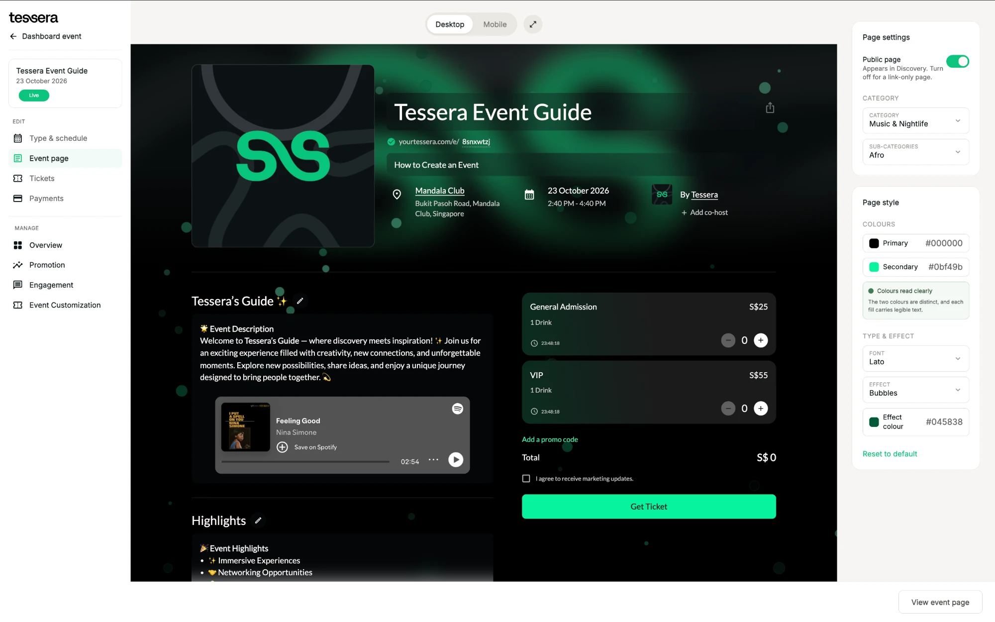 The Event page step: the page you edit, with Page settings and Page style on the right